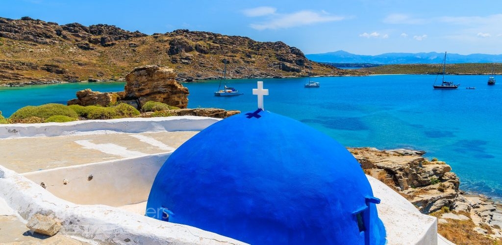 Blue dome of typical Greek church Paros Island