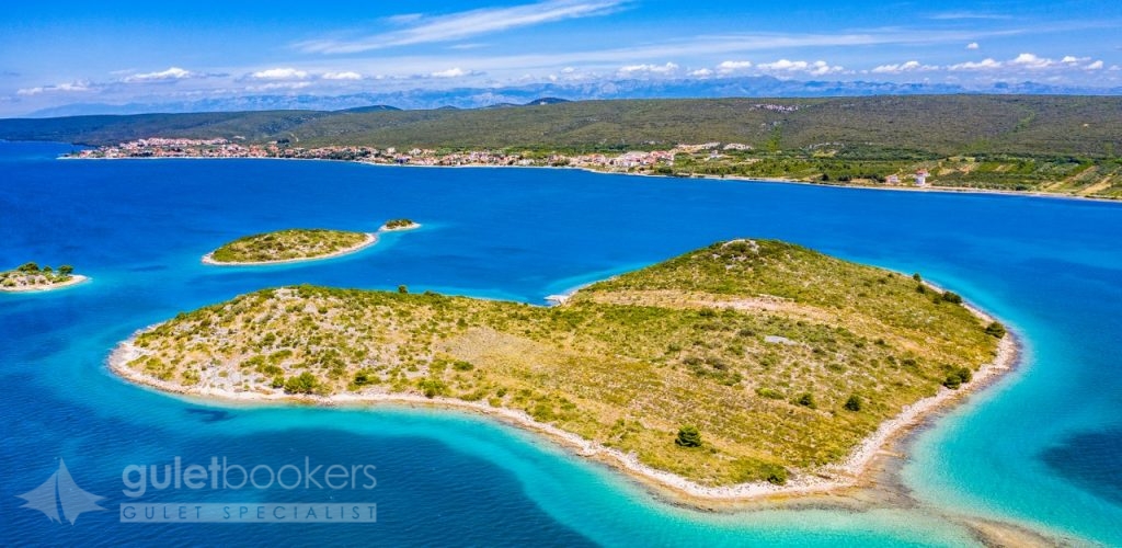 Aerial view of the heart shaped Galesnjak island on the adriatic coast